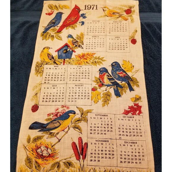 Vintage linen tea towel birds 1971 calendar new old stock - Picture 1 of 7
